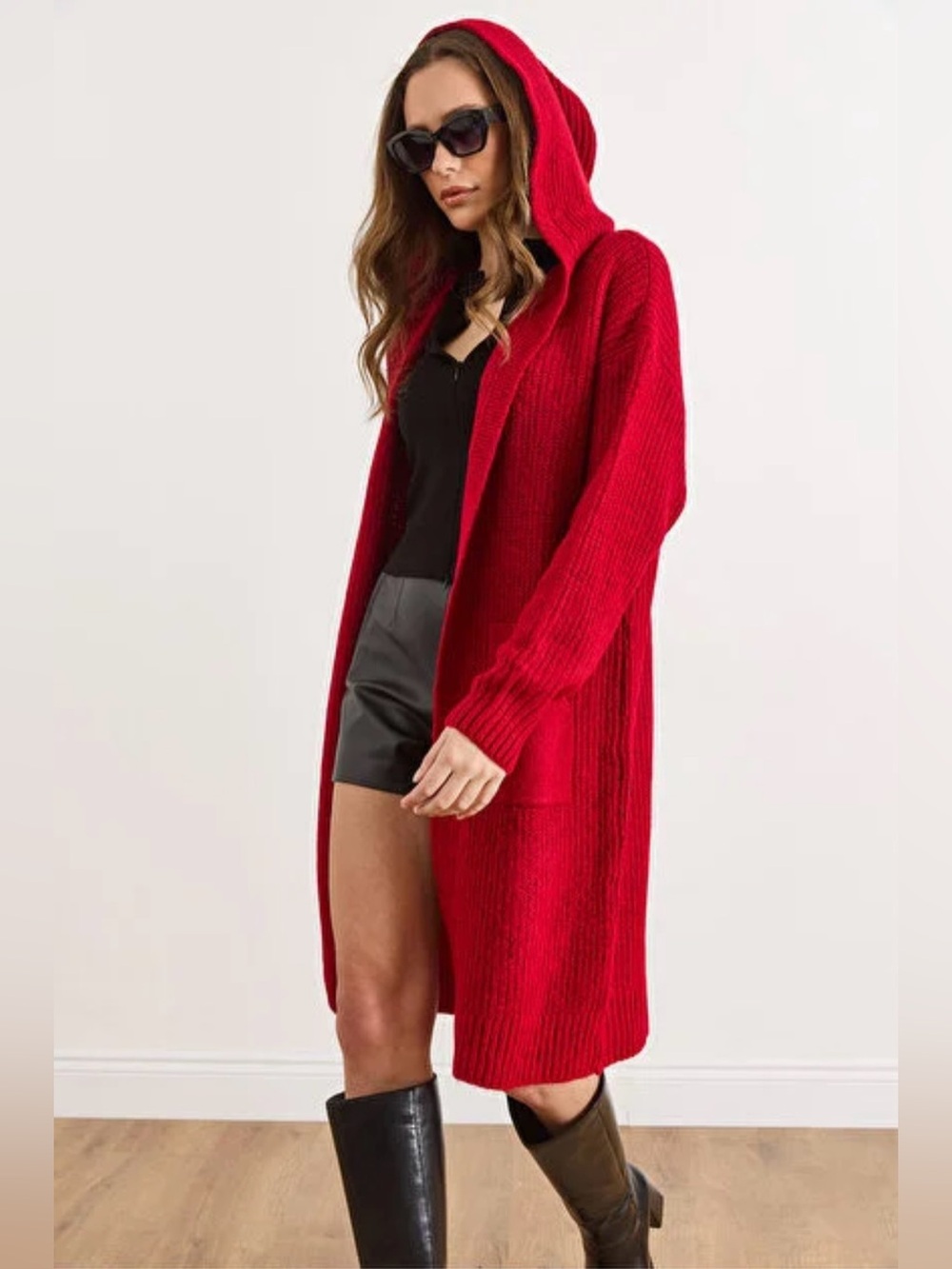 Carolyn Taylor Red Ribbed Hooded Open-Front Cardigan with Pockets